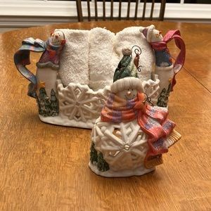 Snowman Ganz 2 piece ceramic dish. Tea light holder Christmas Holiday